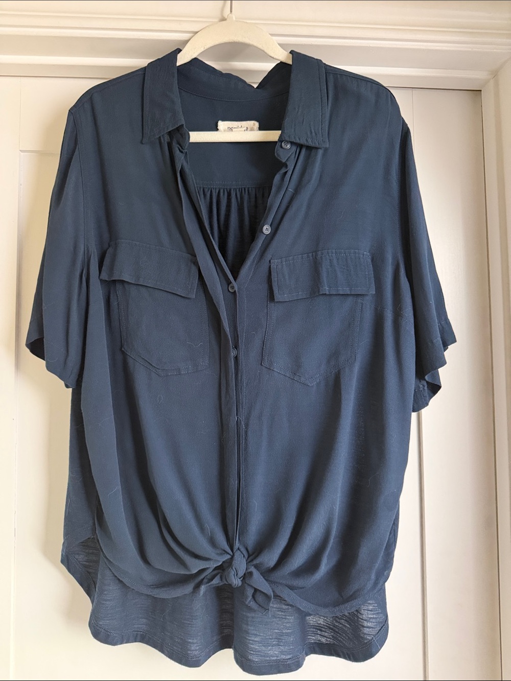 Relaxed Navy Short-Sleeve Button-Front Tie Hem Shirt
